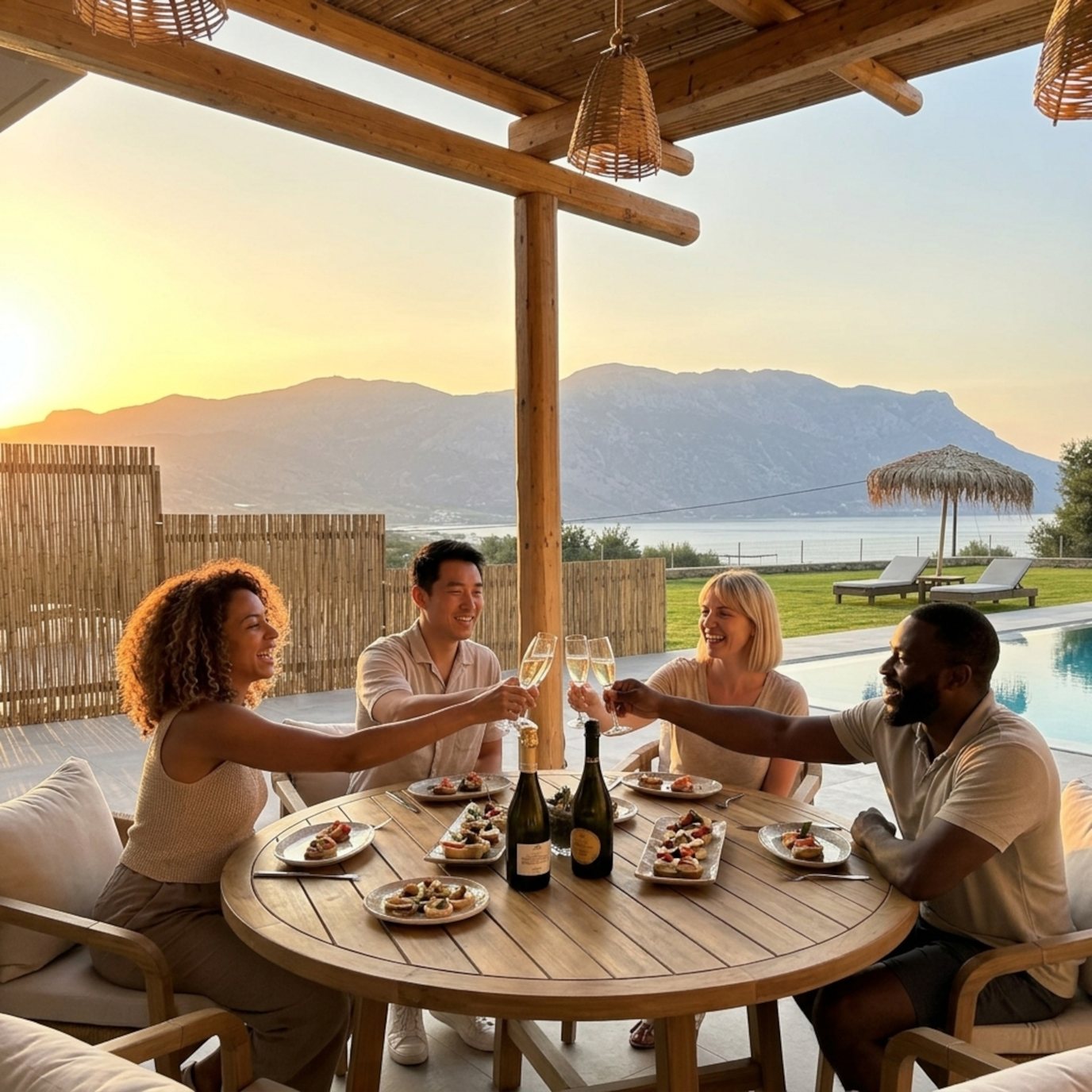 Friends toasting at sunset by the pool at NUSA Gramvousa