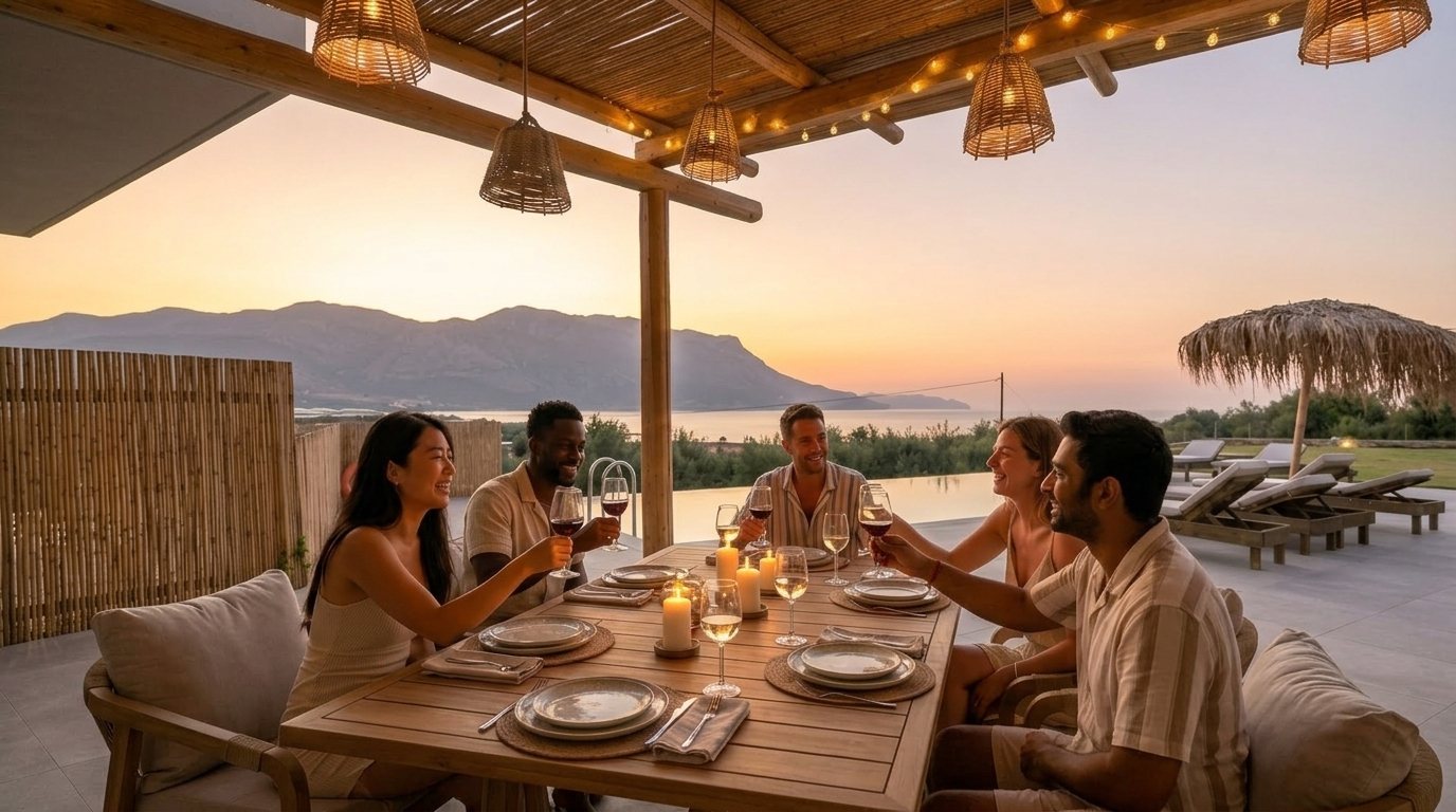 Friends enjoying a sunset dinner on the pergola terrace with sea view at NUSA Falassarna villa, Crete