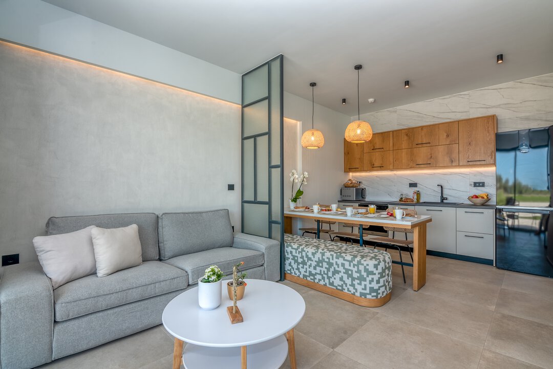 Elegant bathroom suite with marble walls at Nusa Balos near Balos Lagoon, Crete